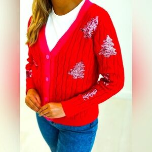 Southern Grace Bright Red Button Down Oversized Cardigan Pink Trim Sequin Trees